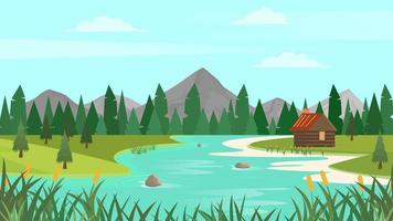 Cartoon forest landscape with mountains, river and fir-trees. Sunset or sunrise scenery background. Vector illustration.