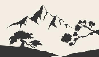 Mountain and tropical trees vector illustration. Contours of the mountains engraving vector illustration, hand drawn, sketch. Mountain black and white vector illustration.