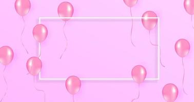 Balloons on pastel pink background. Frame made of white and pink balloons. Birthday, holiday concept. Flat lay, top view, copy space vector