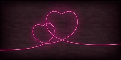 Two hearts one line neon vector icon. One line art, illustration