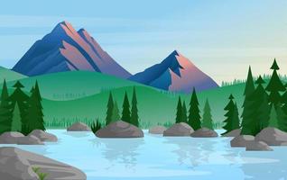 grupo de pinos reflejados en aguas tranquilas y tranquilas con montañas en una ilustración vectorial de fondo. Ilustración de vector de montaña y lago