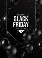 Black Friday banner, vector illustration. Gold glitter dots, luxury frame, golden calligraphic text, black realistic balloons. Graphic design elements for flyer, sale promo