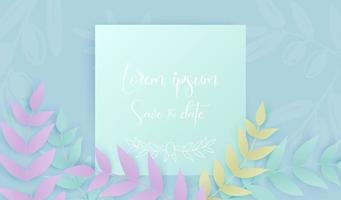 Vector poster in paper art style with tropical different leaves and white text Save the date on the blue background