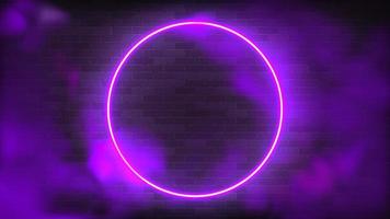 anillo de neón sobre un fondo violeta en la ilustración de vector de niebla y polvo de estrellas. marco redondo luminoso como visualización del ciberespacio futurista. concepto de círculo en humo para realidad virtual