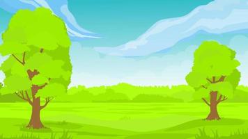 Grass Landscape with Sky Trees Clouds vector illustration. Spring landscape green background vector illustration.