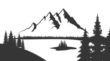 Mountain with pine trees and landscape black on white background. Vector illustration mountain with pine trees on white background. Mountain verctor illustration.