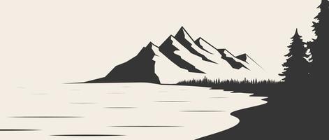 Mountain lake silhouette graphic art black white landscape illustration vector. Mountain and lake black and white illustration. Mountain vector illustration.