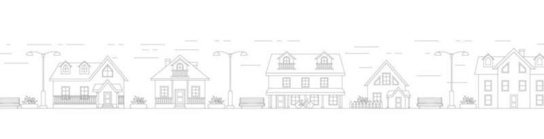 Village neighborhood line art vector. Residential buildings on suburban streets vector