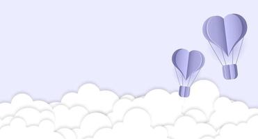 Paper cut heart hot air balloon and white clouds. Origami made hot air balloon and clouds. Paper art style. Greeting or Sale banner. Vector illustration