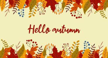 hola postal de letras de otoño. banner horizontal transparente con plantas coloridas de otoño. encantador patrón de otoño. dibujado a mano. ilustración vectorial vector