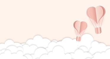 Paper cut heart hot air balloon and white clouds. Origami made hot air balloon and clouds. Paper art style. Greeting or Sale banner. Vector illustration