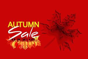 Autumn sale and red gradient maple leaf background layered effect in paper cut style. Autumn red lettering and yellow orange red leaves with shadow vector