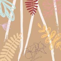 floral abstract beige brown background with leaves, branches, flowers. vector illustration hand drawn grunge plant texture
