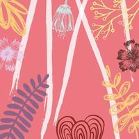 plants - leaves, branches. stripes and flowers in the style of hand drawing on a pink background in the form of a square. Abstract floral illustration vector