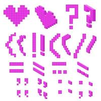 un conjunto de signos de puntuación planos y 3d pixel art isométrico color púrpura sobre un fondo blanco vector