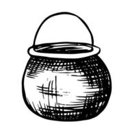 Vector hand drawn cauldron with metal handle without cover in grunge style. Traced drawing