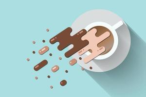 A cup of coffee made in a flat style with a shadow and splashes and drops of coffee splashed out of it in a stylized geometric style with a sharp shadow vector