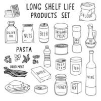 Set of hand drawn contour drawings of food for long term storage. Collection list of products that can be stored during self isolation quarantine vector