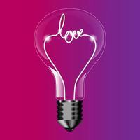 concepto de bombilla eléctrica iluminada realista con filamento de tungsteno en forma de amor de palabra como símbolo de amor en la ilustración de vector de fondo violeta