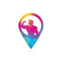 Fitness map pin shape concept logo, gym vector logo template. Fitness or Gym club emblem with posing athletic man.