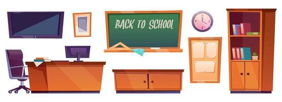 Classroom furniture, class interior cartoon stuff vector