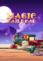 Magic railroad cartoon poster. Steam train riding vector