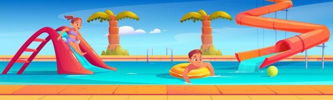 Kids in aquapark, amusement with water attractions vector