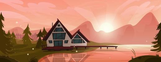Cottage at mountain lake in forest, wooden house vector