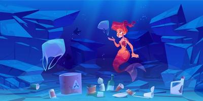 Cute mermaid on polluted ocean bottom with trash vector