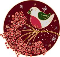 Christmas card template with bullfinch bird on rowan branch doodle style vector