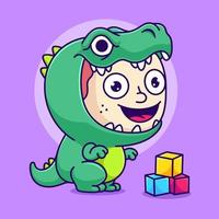 cute kid wearing t-rex dinosaur costume vector