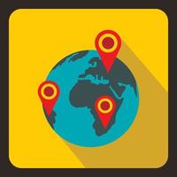 Globe earth with pointer marks icon, flat style vector