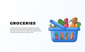 fresh Groceries retail  product shopping in the blue cart vegetable, fruit, milk, bread, vector