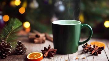Hot mulled wine or tea on festive Christmas table. CINEMAGRAPH loop. Repeatable clip. no text