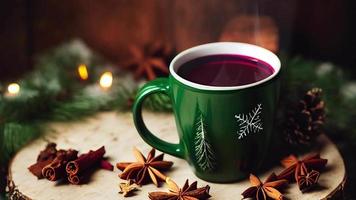 Hot mulled wine or tea on festive Christmas table. CINEMAGRAPH loop. video