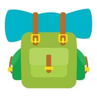Green backpack icon, cartoon style vector