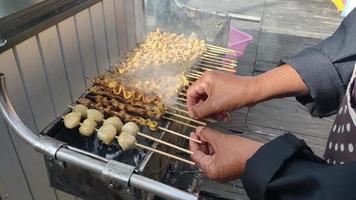 alguien asando albóndigas e intestinos de pollo ensartados con bambú, a la venta en un festival culinario video