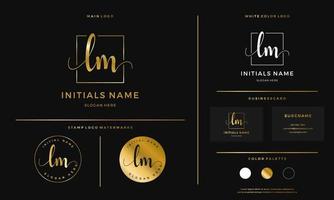 golden Initial LM letter L M handwriting logo design line square vector