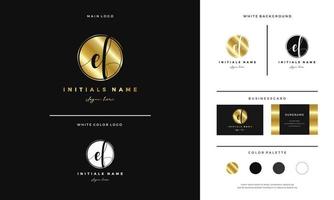 Circle Golden letter EF E F Initial logo design with handwriting style template vector