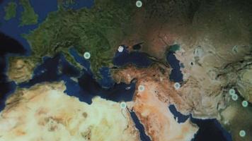 World map with different targets for cyber attack. Hacking and technology concept. Macro shooting at monitor pixels video