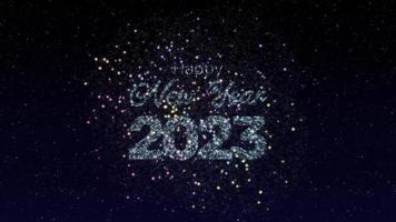 Happy New Year 2023 text animation sparkling with festive fireworks on a starry night sky background video