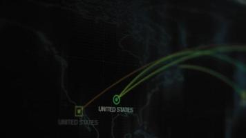 World map with different targets for cyber attack. Hacking and technology concept. Macro shooting at monitor pixels video