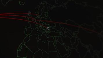 World map with different targets for cyber attack. Hacking and technology concept. Macro shooting at monitor pixels video