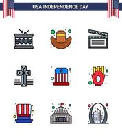 usa feliz día de la independencia pictograma conjunto de 9 líneas planas simples llenas de niños circo iglesia americana elementos de diseño vectorial del día de estados unidos editables americanos vector