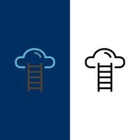 iconos de interfaz de usuario de nube de escalera plano y conjunto de iconos llenos de línea vector fondo azul