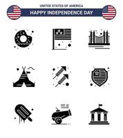 Set of 9 Modern Solid Glyphs pack on USA Independence Day american tent bridge tent free tourism Editable USA Day Vector Design Elements