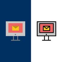 iconos de servicio de chat de correo de computadora plano y conjunto de iconos llenos de línea vector fondo azul