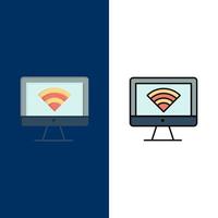 Computer Monitor Wifi Signal  Icons Flat and Line Filled Icon Set Vector Blue Background