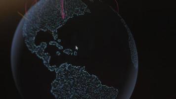 World map with different targets for cyber attack. Hacking and technology concept. Macro shooting at monitor pixels video