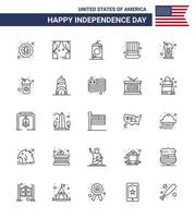 feliz día de la independencia 4 de julio conjunto de 25 líneas pictografía americana de presidentes de botellas sombrero de estados unidos elementos de diseño de vectores editables del día de estados unidos